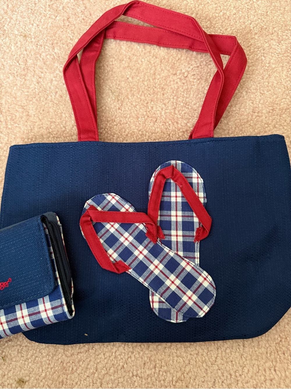 Longaberger Navy Tote with Red Logo and Plaid Trim